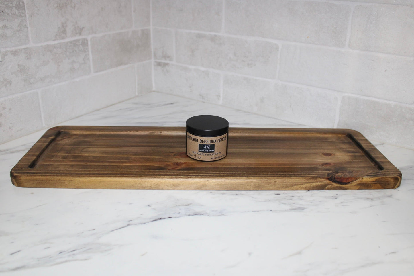 Decorative Rectangular Tray and Natural Beeswax 4 OZ Candle | Essential Oil Scented | Curated Set | Black Jar - Woodland Haven Designs