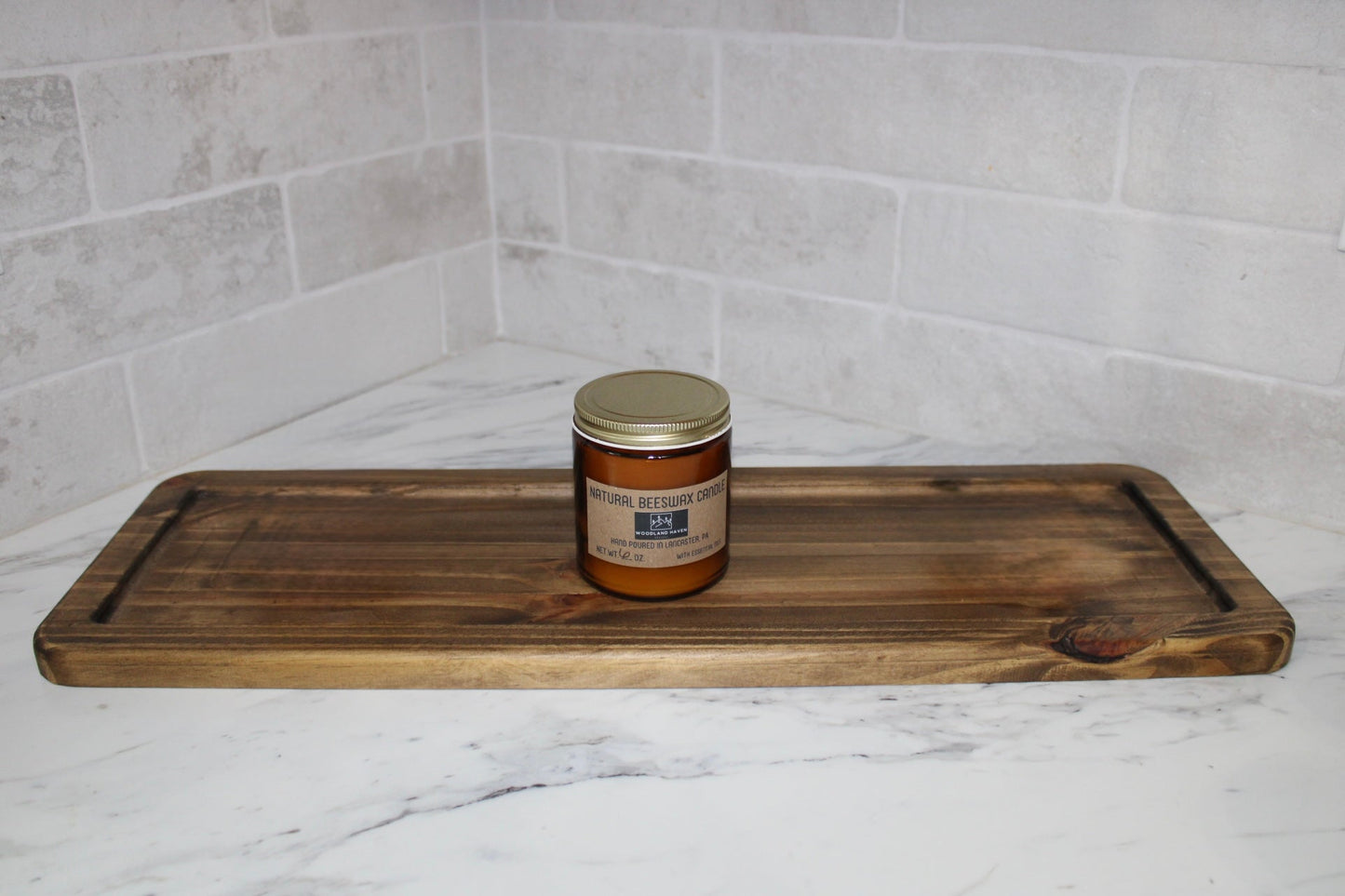 Decorative Rectangular Tray and Natural Beeswax 6 OZ Candle | Essential Oil Scented | Curated Set | Amber Glass - Woodland Haven Designs