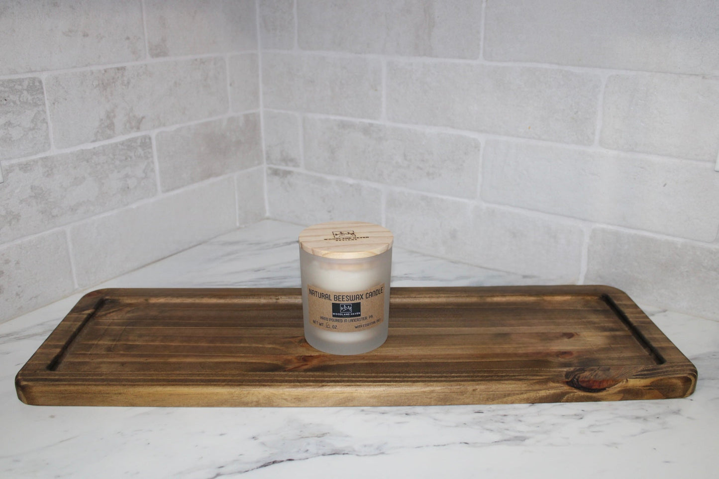 Decorative Rectangular Tray and Natural Beeswax 6 OZ Candle | Essential Oil Scented | Curated Set | Frosted Glass - Woodland Haven Designs