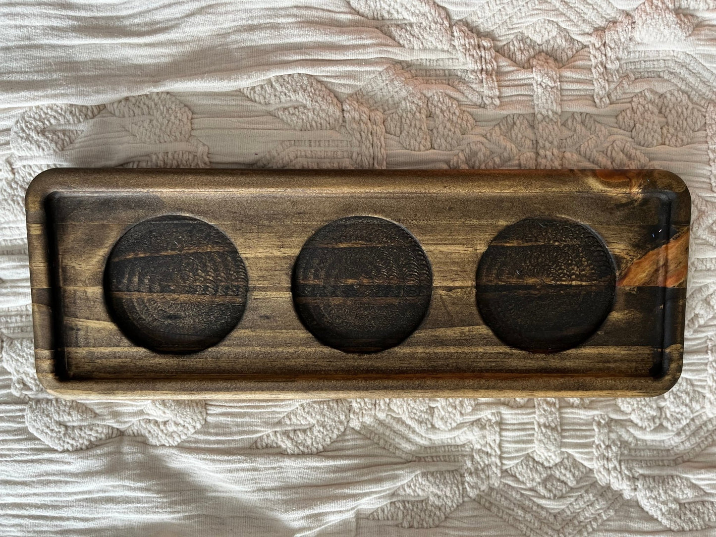 Decorative Wood 3 Candle Display Tray | 14”L x 5”W - Woodland Haven Designs Woodland Haven Designs Default Title Woodland Haven Designs Decorative Wood 3 Candle Display Tray | 14”L x 5”W