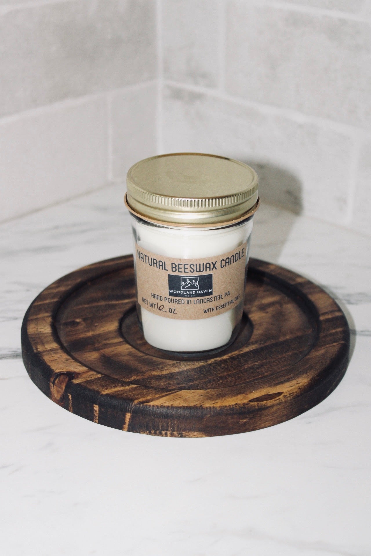 Natural Beeswax Candle with Round Wood Tray | Essential Oil Scented | Curated Set | Clear Glass - Woodland Haven Designs