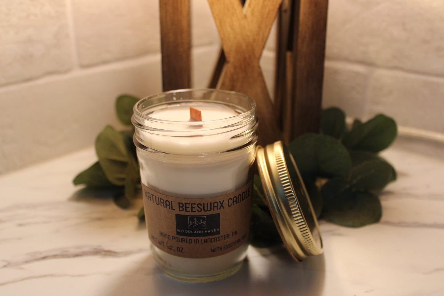 Natural Beeswax Candle with Round Wood Tray | Essential Oil Scented | Gift Set | Clear Glass - Woodland Haven Designs