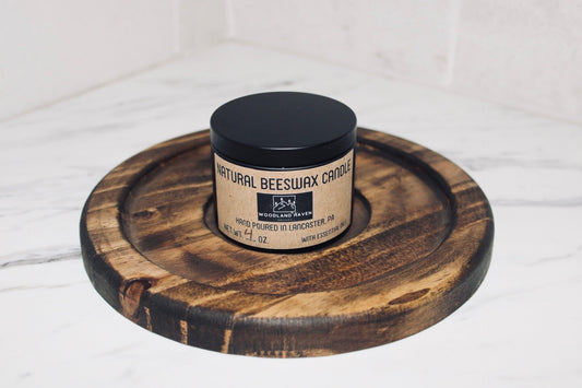 Natural Beeswax 4 Oz Candle with Round Wood Tray | Essential Oil Scented | Curated Set | Black Jar - Woodland Haven Designs