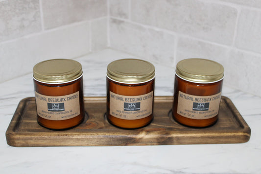 Natural Beeswax Candle with 3 Candle Wood Tray | Essential Oil Scented | Curated Set | Amber Glass - Woodland Haven Designs