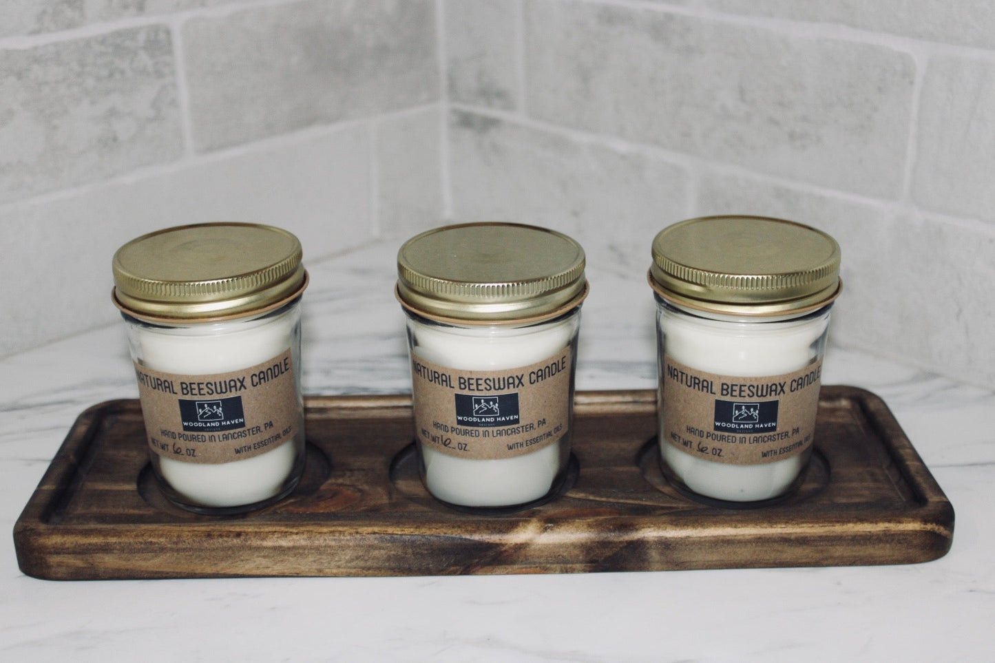 Natural Beeswax Candle with 3 Candle Wood Tray | Essential Oil Scented | Curated Set | Clear Glass - Woodland Haven Designs