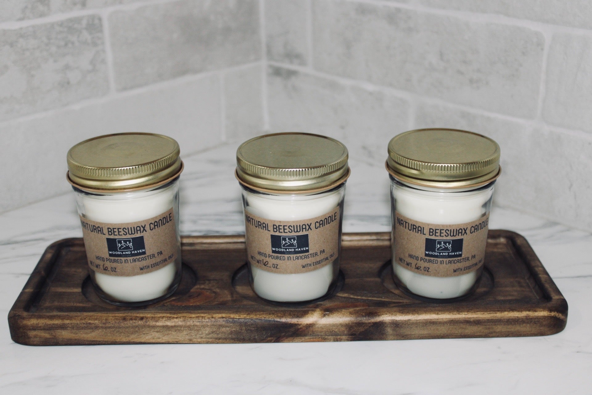 Natural Beeswax Candle with 3 Candle Wood Tray | Essential Oil Scented | Curated Set | Clear Glass - Woodland Haven Designs