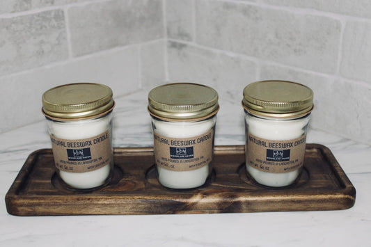 Natural Beeswax Candle with 3 Candle Wood Tray | Essential Oil Scented | Curated Set | Clear Glass - Woodland Haven Designs