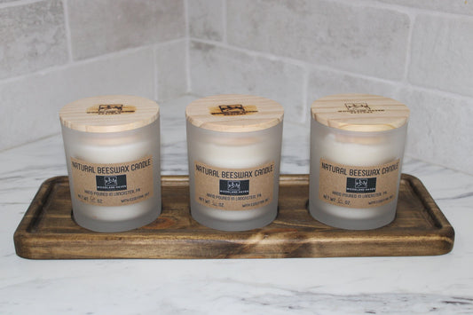 Natural Beeswax Candle with 3 Candle Wood Tray | Essential Oil Scented | Curated Set | Frosted Glass - Woodland Haven Designs
