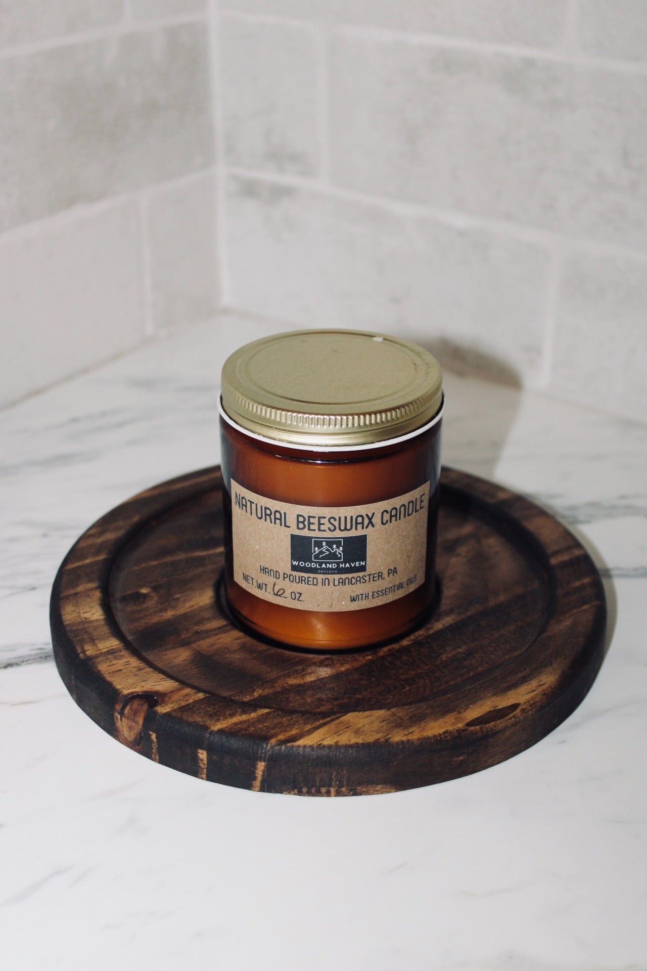 Natural Beeswax Candle with Round Wood Tray | Essential Oil Scented | Curated Set | Amber Glass - Woodland Haven Designs