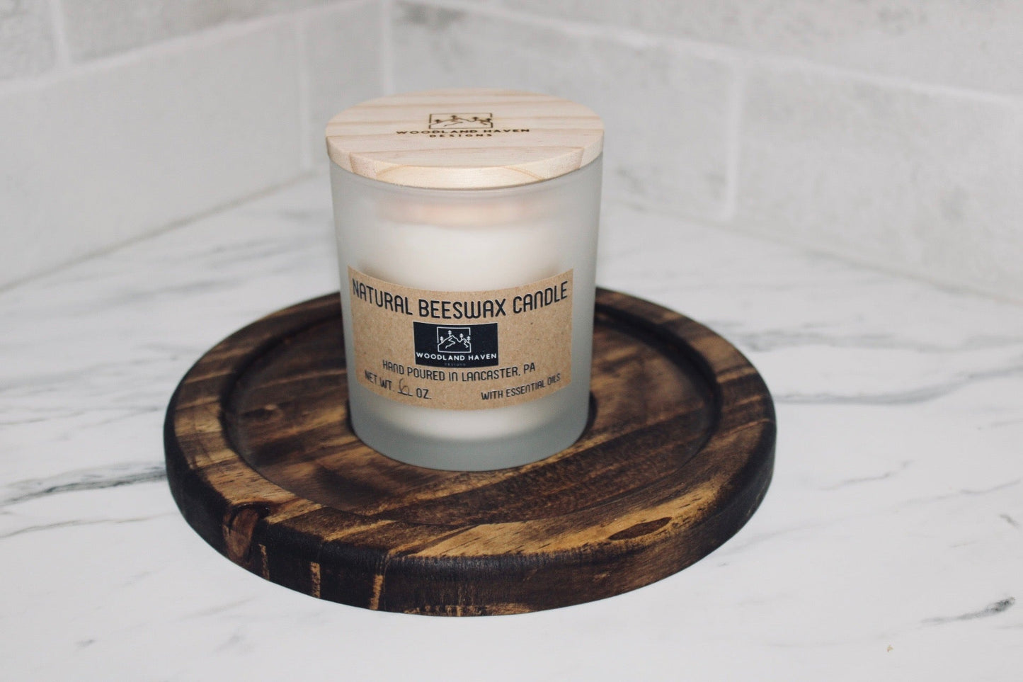 Natural Beeswax Candle with Round Wood Tray | Essential Oil Scented | Curated Set | Frosted Glass - Woodland Haven Designs