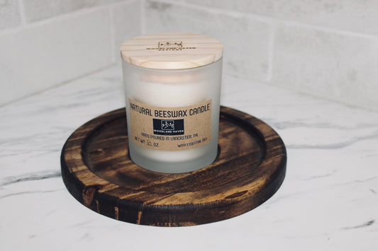 Natural Beeswax Candle with Round Wood Tray | Essential Oil Scented | Curated Set | Frosted Glass - Woodland Haven Designs