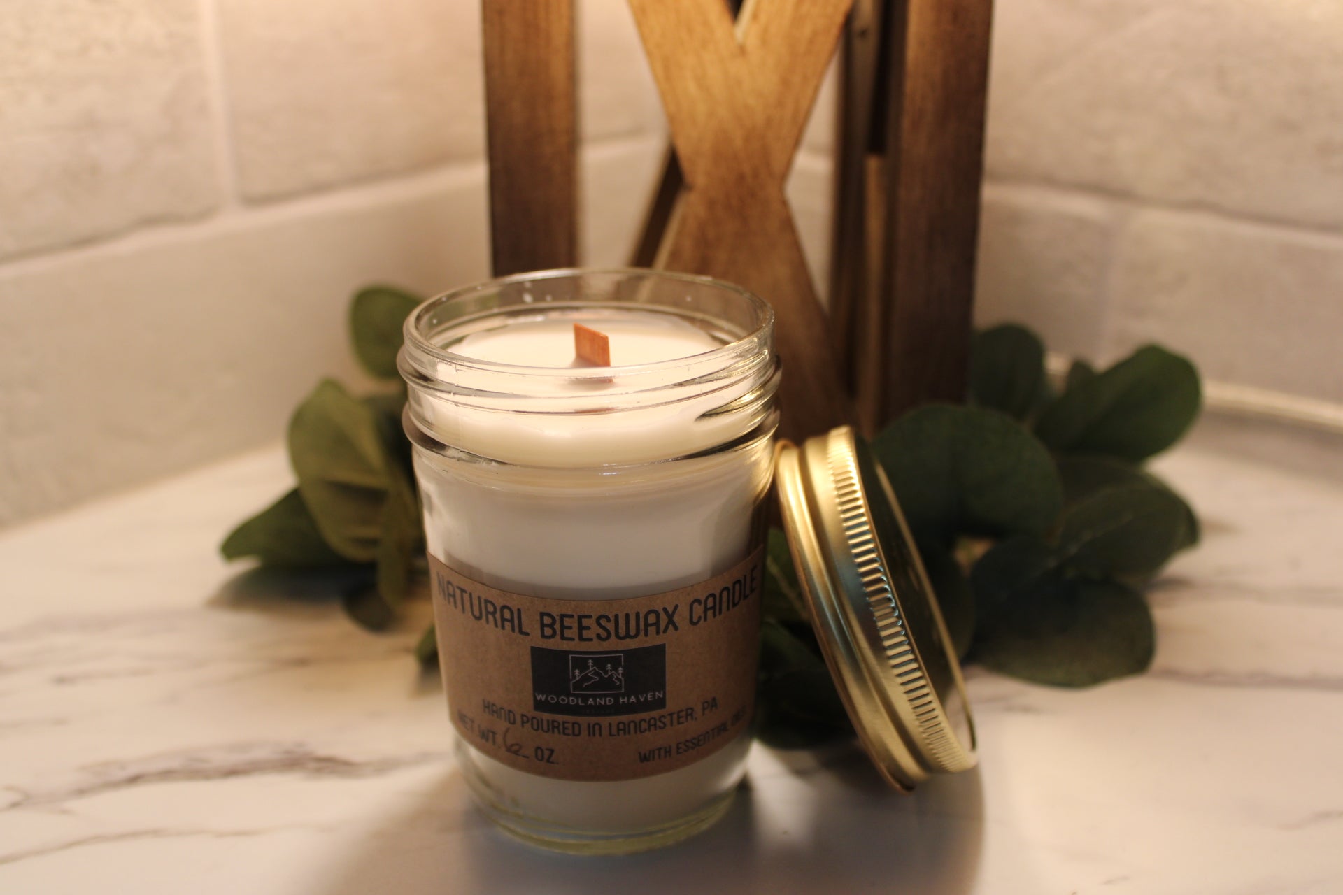 Natural Beeswax Candle with Round Wood Tray | Essential Oil Scented | Gift Set | Clear Glass - Woodland Haven Designs